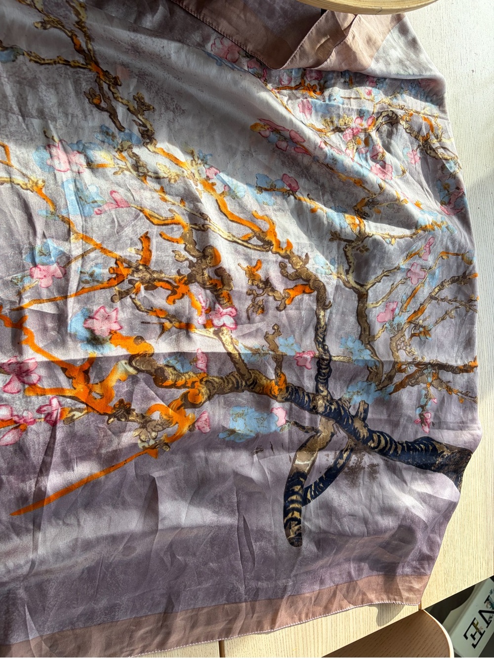 Floral Branch Print Silk-Blend Scarf in Lavender and Pink
